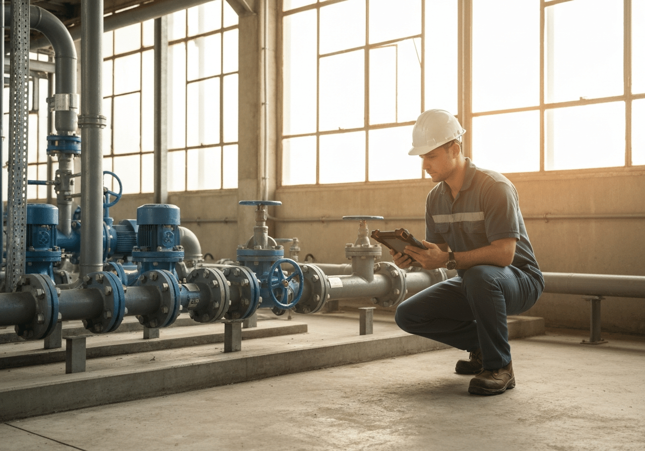 Technicien en maintenance inspectant une pompe industrielle avec une tablette numérique dans une installation