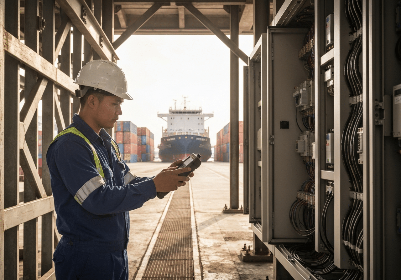 Opérateur de maintenance diagnostiquant une armoire électrique sur site portuaire avec équipement portable