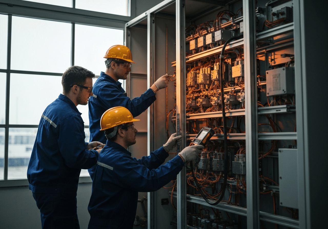 Deux techniciens en intervention sur une armoire électrique avec outils de mesure industriels