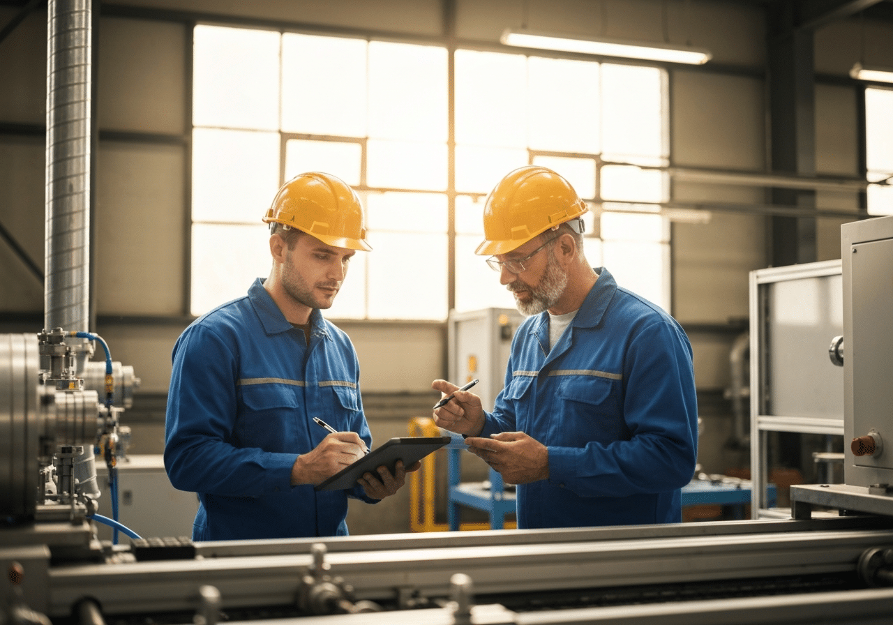 Technicien senior guidant un collègue plus jeune lors d'une inspection de machine en atelier industriel