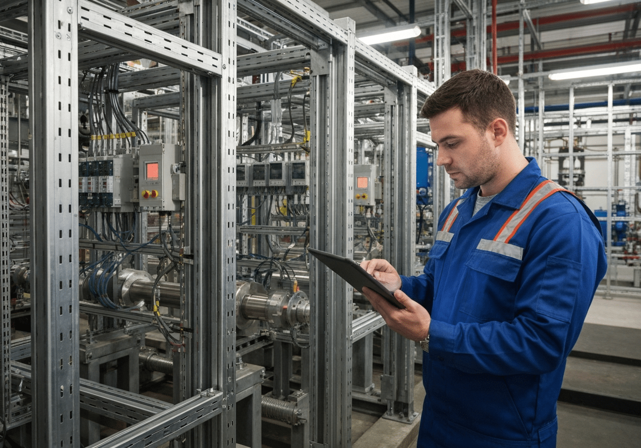 Technicien consultant l'historique de maintenance d'un équipement sur sa tablette en atelier