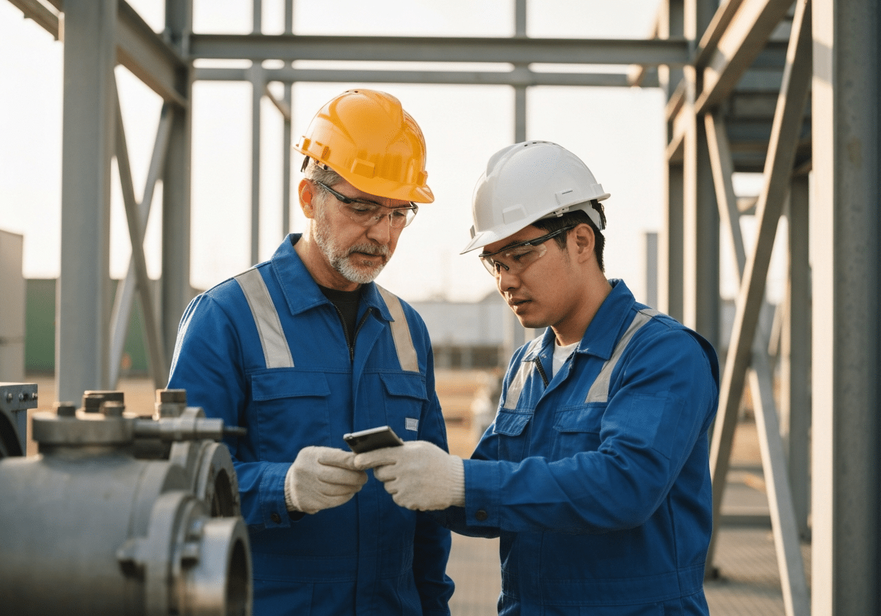 Deux techniciens inspectant ensemble équipement industriel, transmission du savoir-faire terrain