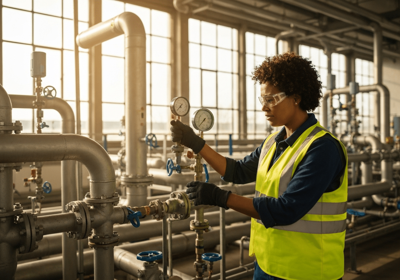 Inspecteur maintenance examisant tuyauterie et équipements d'infrastructure industrielle sous lumière naturelle