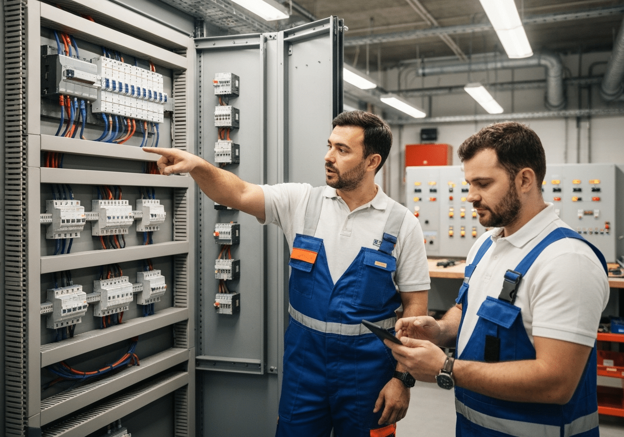 Deux techniciens consultent une documentation technique sur mobile devant un panneau électrique industriel