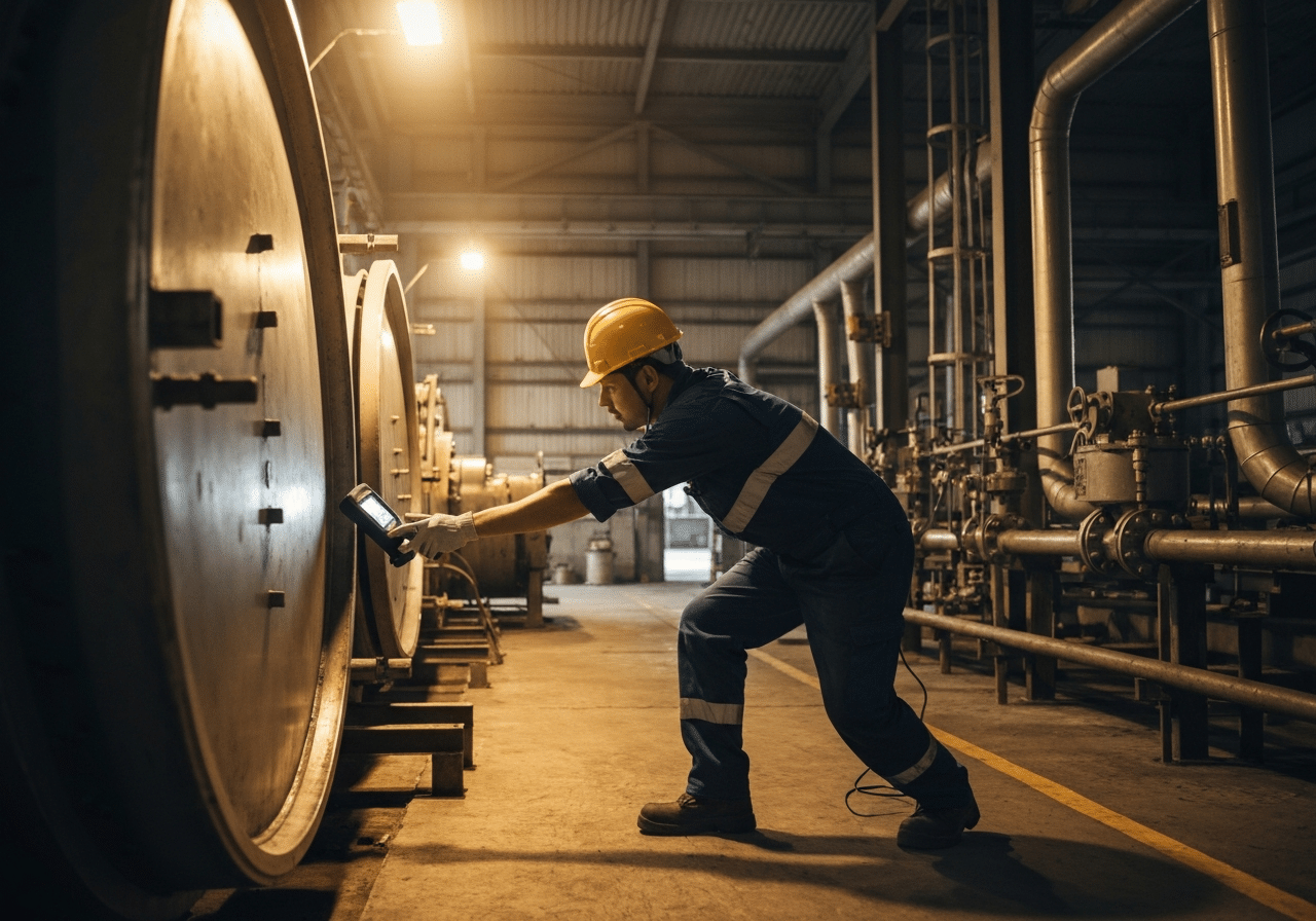 Technicien de maintenance inspectant une machine industrielle avec scanner de diagnostic en environnement usine.