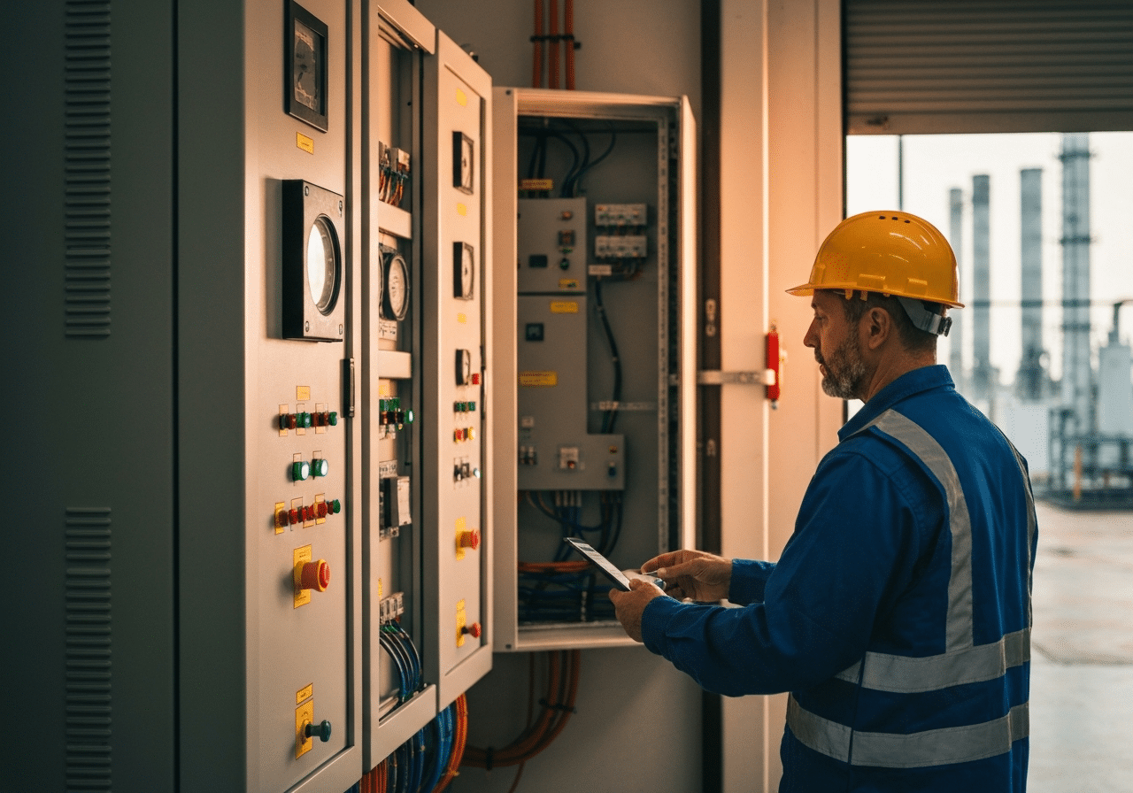 Ingénieur de maintenance analysant l'état des équipements devant une armoire de contrôle industrielle.